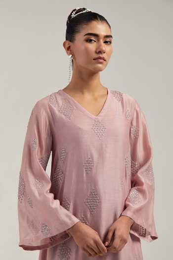 Kora_Pink Silk, Chanderi, Cotton, Organza V-neck Embroidered Kurta And Pant Set _at_Aza_Fashions