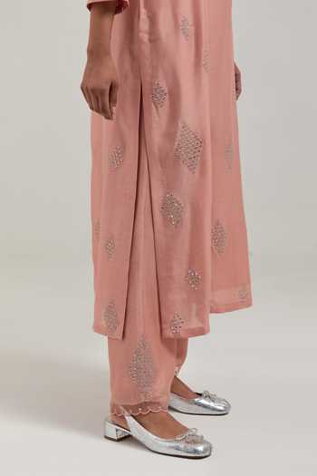 Kora_Peach Silk, Chanderi, Cotton Split V-neck Kurta And Pant Set _at_Aza_Fashions