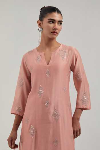Buy_Kora_Peach Silk, Chanderi, Cotton Split V-neck Kurta And Pant Set 