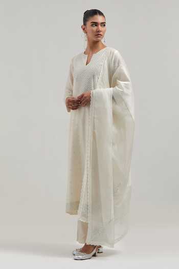 Kora_Off White Silk, Chanderi, Cotton Round Neck Kurta Set _Online_at_Aza_Fashions