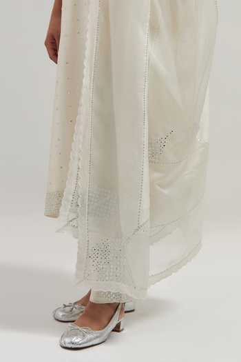 Shop_Kora_Off White Silk, Chanderi, Cotton Round Neck Kurta Set _Online_at_Aza_Fashions