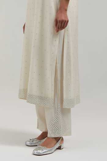Kora_Off White Silk, Chanderi, Cotton Round Neck Kurta Set _at_Aza_Fashions