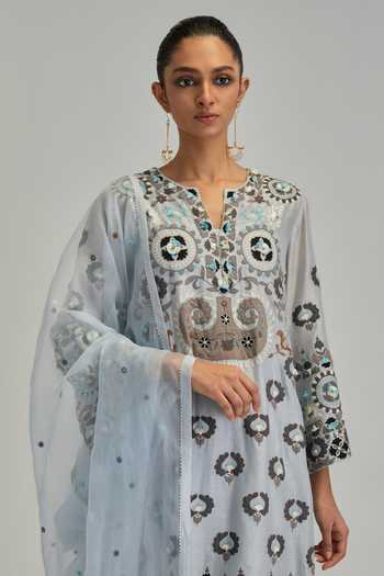 Kora_Blue Silk, Chanderi, Cotton Split V-neck Embroidered Kurta And Pant Set _Online_at_Aza_Fashions