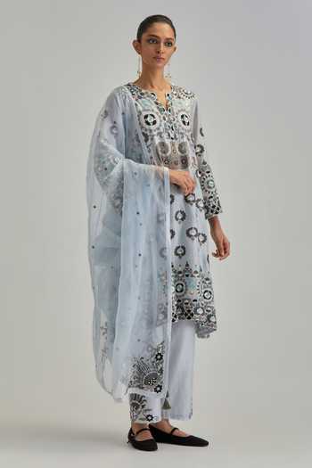 Buy_Kora_Blue Silk, Chanderi, Cotton Split V-neck Embroidered Kurta And Pant Set _Online_at_Aza_Fashions