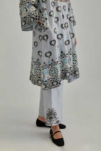 Shop_Kora_Blue Silk, Chanderi, Cotton Split V-neck Embroidered Kurta And Pant Set _Online_at_Aza_Fashions