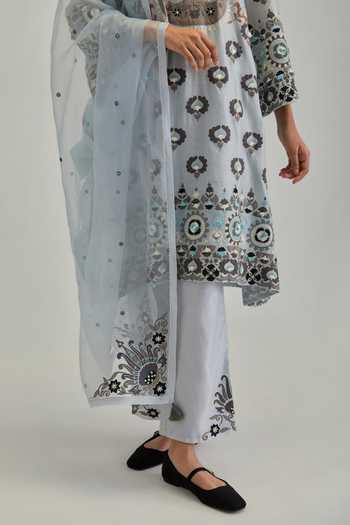 Kora_Blue Silk, Chanderi, Cotton Split V-neck Embroidered Kurta And Pant Set _at_Aza_Fashions