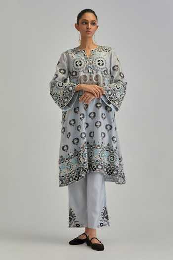 Buy_Kora_Blue Silk, Chanderi, Cotton Split V-neck Embroidered Kurta And Pant Set 