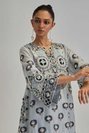 Shop_Kora_Blue Silk, Chanderi, Cotton Split V-neck Embroidered Kurta And Pant Set 