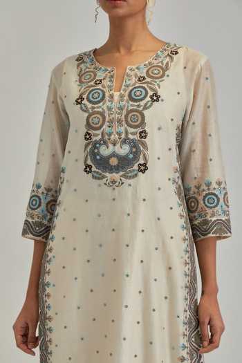Buy_Kora_Off White , Chanderi, Cotton, Organza Split V-neck Kurta Set 