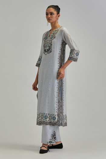 Kora_Blue , Chanderi, Cotton, Organza Split V-neck, Embroidered Kurta Set _Online_at_Aza_Fashions