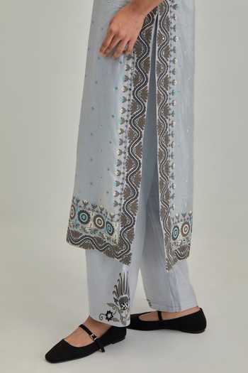 Buy_Kora_Blue , Chanderi, Cotton, Organza Split V-neck, Embroidered Kurta Set _Online_at_Aza_Fashions