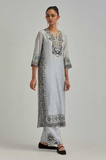 Shop_Kora_Blue , Chanderi, Cotton, Organza Split V-neck, Embroidered Kurta Set _Online_at_Aza_Fashions