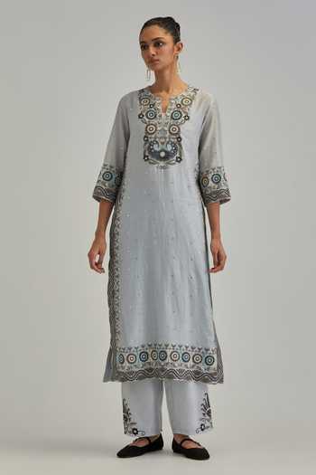 Kora_Blue , Chanderi, Cotton, Organza Split V-neck, Embroidered Kurta Set _at_Aza_Fashions