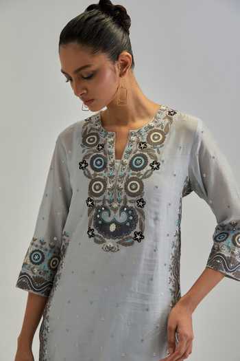 Buy_Kora_Blue , Chanderi, Cotton, Organza Split V-neck, Embroidered Kurta Set 