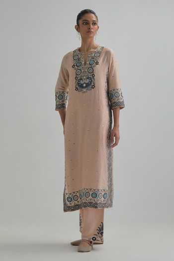 Kora_Pink , Chanderi, Cotton, Organza Split Embroidered Kurta And Pant Set _Online_at_Aza_Fashions