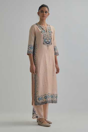 Buy_Kora_Pink , Chanderi, Cotton, Organza Split Embroidered Kurta And Pant Set _Online_at_Aza_Fashions