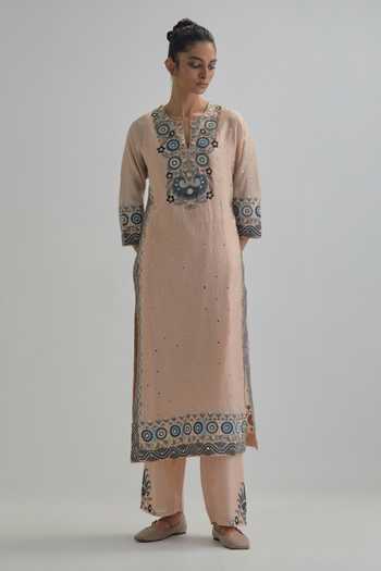 Shop_Kora_Pink , Chanderi, Cotton, Organza Split Embroidered Kurta And Pant Set _Online_at_Aza_Fashions