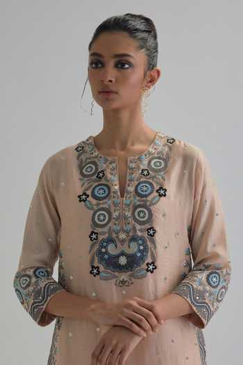Kora_Pink , Chanderi, Cotton, Organza Split Embroidered Kurta And Pant Set _at_Aza_Fashions