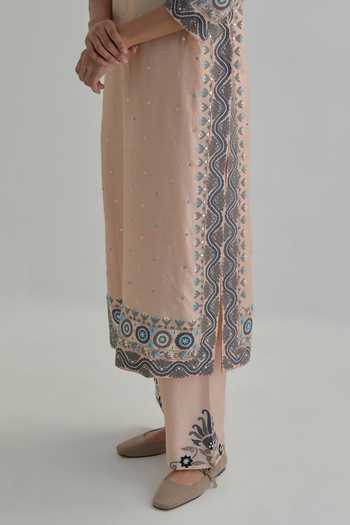 Buy_Kora_Pink , Chanderi, Cotton, Organza Split Embroidered Kurta And Pant Set 