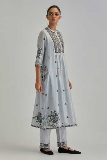 Kora_Blue Silk, Chanderi, Cotton Mandarin Collar, Yes Kurta Set _Online_at_Aza_Fashions