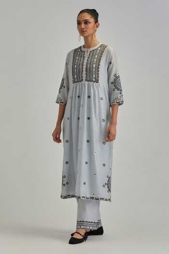 Buy_Kora_Blue Silk, Chanderi, Cotton Mandarin Collar, Yes Kurta Set _Online_at_Aza_Fashions