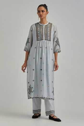 Shop_Kora_Blue Silk, Chanderi, Cotton Mandarin Collar, Yes Kurta Set _Online_at_Aza_Fashions