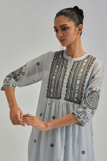 Kora_Blue Silk, Chanderi, Cotton Mandarin Collar, Yes Kurta Set _at_Aza_Fashions