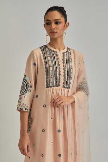 Kora_Pink Silk, Chanderi, Cotton Mandarin Collar Applique Kurta Set _at_Aza_Fashions