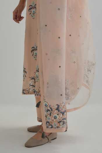 Shop_Kora_Pink , Chanderi, Cotton, Organza Round Neck, Yes Embroidered Kurta Set _Online_at_Aza_Fashions