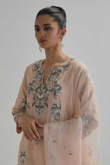 Kora_Pink , Chanderi, Cotton, Organza Round Neck, Yes Embroidered Kurta Set _at_Aza_Fashions