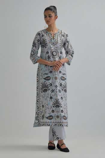 Kora_Blue , Chanderi, Cotton, Organza Keyhole Neck Embroidered Kurta Set _Online_at_Aza_Fashions