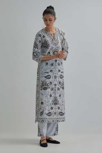 Buy_Kora_Blue , Chanderi, Cotton, Organza Keyhole Neck Embroidered Kurta Set _Online_at_Aza_Fashions