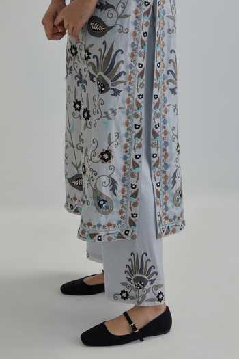 Shop_Kora_Blue , Chanderi, Cotton, Organza Keyhole Neck Embroidered Kurta Set _Online_at_Aza_Fashions