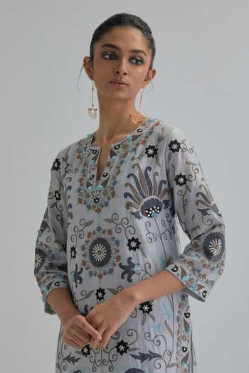 Buy_Kora_Blue , Chanderi, Cotton, Organza Keyhole Neck Embroidered Kurta Set 