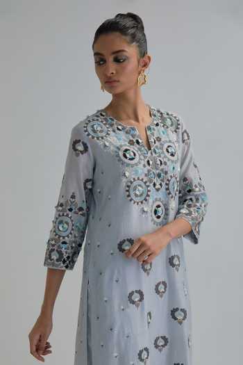Kora_Blue , Chanderi, Cotton, Organza Embroidered Kurta Set _Online_at_Aza_Fashions