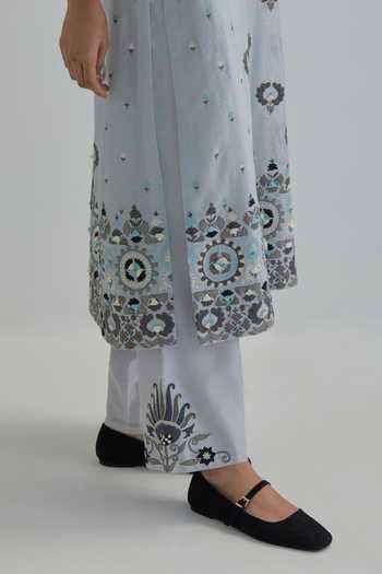 Buy_Kora_Blue , Chanderi, Cotton, Organza Embroidered Kurta Set _Online_at_Aza_Fashions