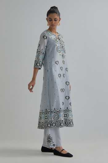 Shop_Kora_Blue , Chanderi, Cotton, Organza Embroidered Kurta Set _Online_at_Aza_Fashions