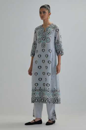 Kora_Blue , Chanderi, Cotton, Organza Embroidered Kurta Set _at_Aza_Fashions