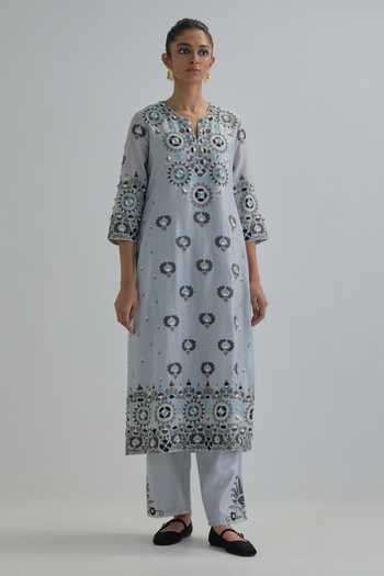 Buy_Kora_Blue , Chanderi, Cotton, Organza Embroidered Kurta Set 