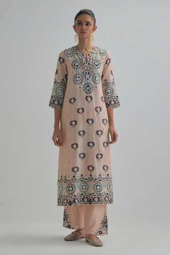 Shop_Kora_Pink , Chanderi, Cotton, Organza Split V-neck Kurta Set _Online_at_Aza_Fashions