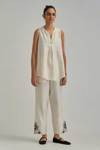 Kora_Off White Silk, Chanderi Round Neck Floral Pattern Jacket Pant Set _Online_at_Aza_Fashions
