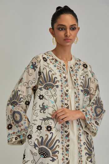 Shop_Kora_Off White Silk, Chanderi Round Neck Floral Pattern Jacket Pant Set _Online_at_Aza_Fashions