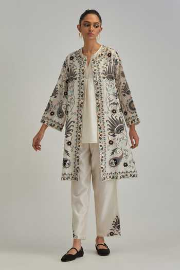 Kora Silk Chanderi Floral Pattern Jacket Pant Set 