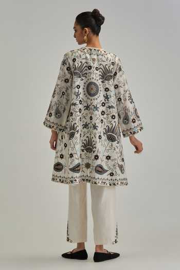 Kora Silk Chanderi Floral Pattern Jacket Pant Set 