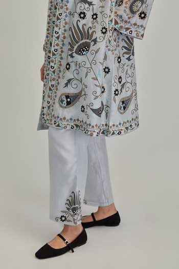 Kora_Blue Silk, Chanderi Round Neck Paisley Pattern Jacket Pant Set _Online_at_Aza_Fashions