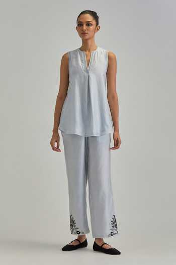 Buy_Kora_Blue Silk, Chanderi Round Neck Paisley Pattern Jacket Pant Set _Online_at_Aza_Fashions