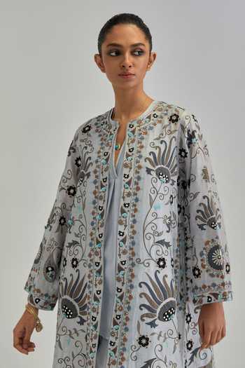Shop_Kora_Blue Silk, Chanderi Round Neck Paisley Pattern Jacket Pant Set _Online_at_Aza_Fashions
