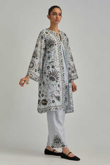 Kora_Blue Silk, Chanderi Round Neck Paisley Pattern Jacket Pant Set _at_Aza_Fashions