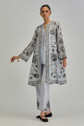 Buy_Kora_Blue Silk, Chanderi Round Neck Paisley Pattern Jacket Pant Set 