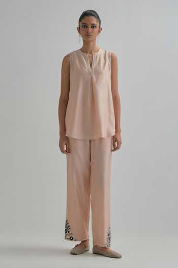 Kora_Pink Silk, Chanderi Round Neck Embroidered Jacket Pant Set _Online_at_Aza_Fashions
